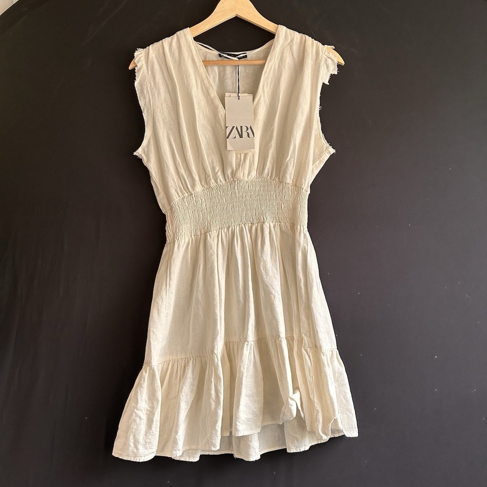 Zara‎ Women Cream Linen Blend Smocked Waist Tiered Mini Dress Small Beach Summer